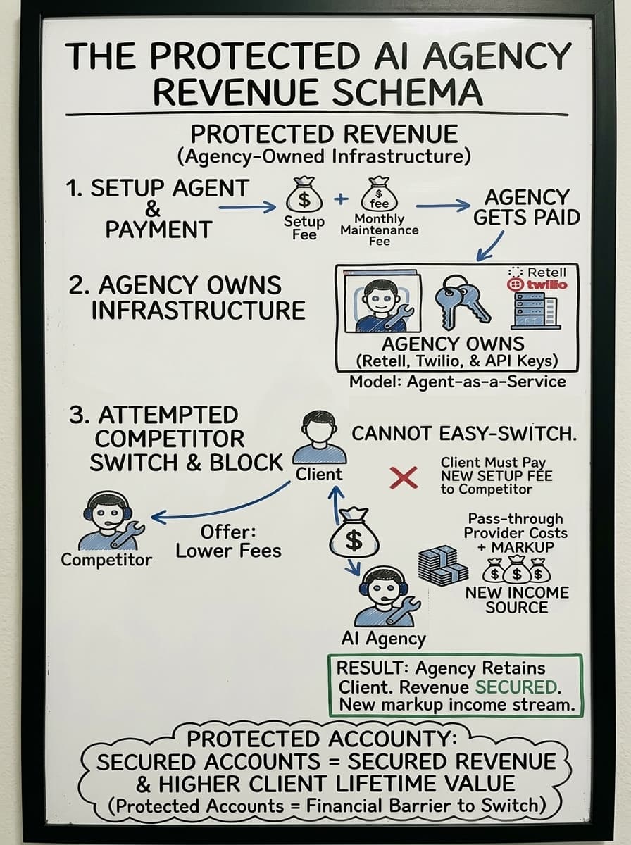 Protected revenue model — agency owns infrastructure, clients can't switch